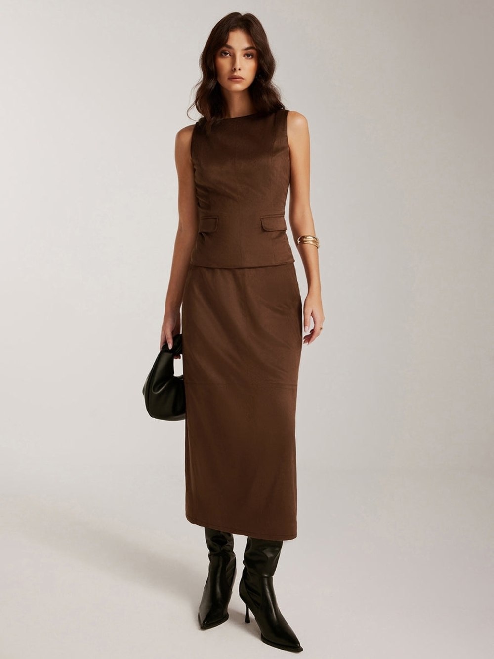 Commense Brown Sleeveless Suede Two Piece Skirt Set - Elegant Everyday Style